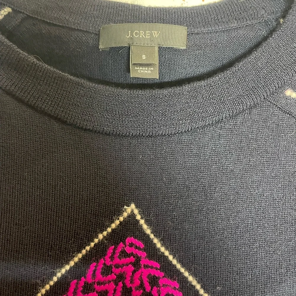 J. Crew Navy Sweater with Pink Geometric Design